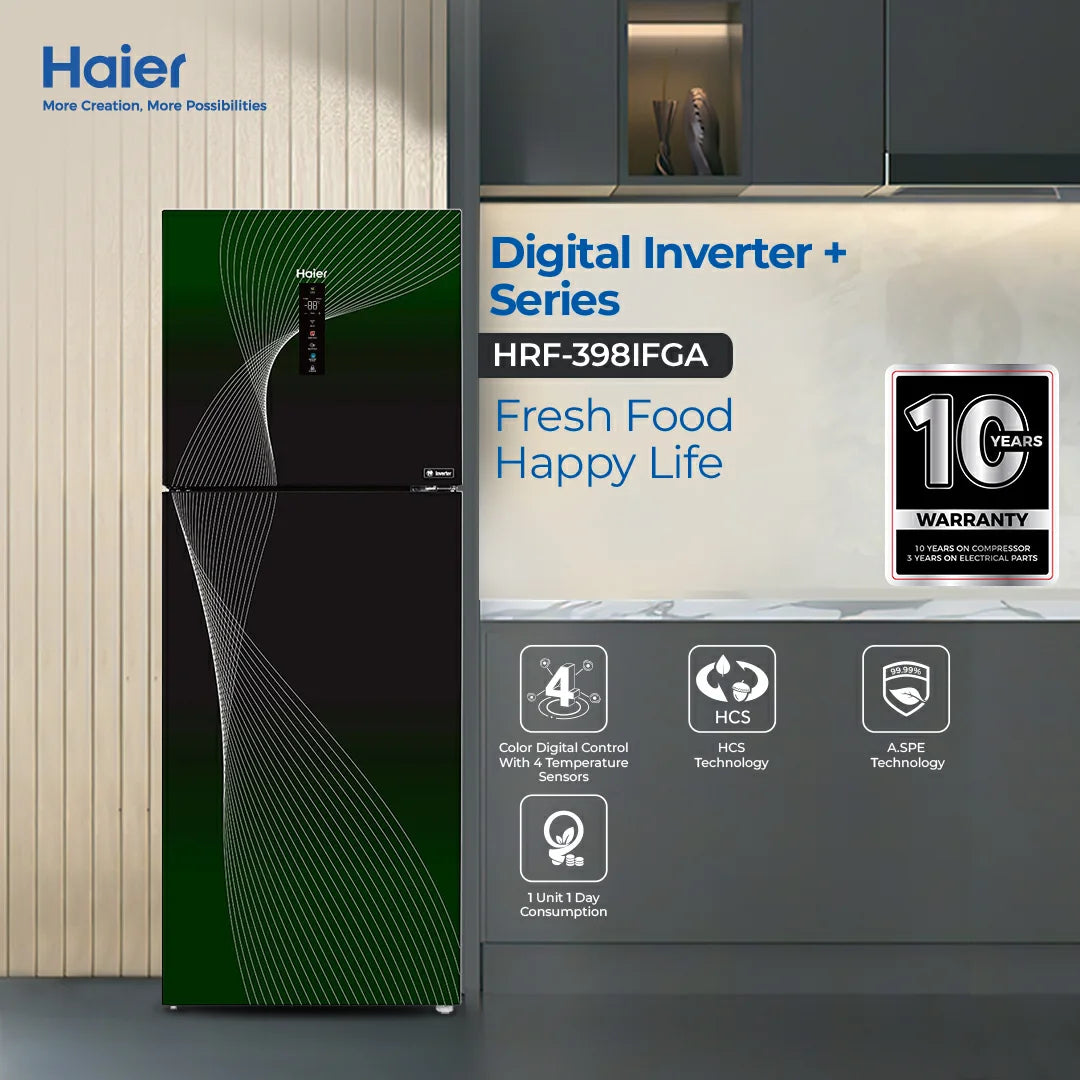 HAIER HRF-398 IFGA 14 Cft. Digital Inverter-Glass Door Refrigerator Green