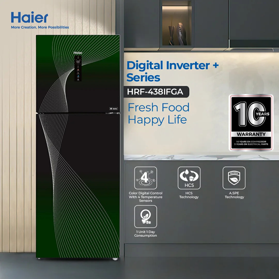 HAIER HRF-438 IFGA 15 Cft. Digital Inverter-Glass Door Refrigerator Green