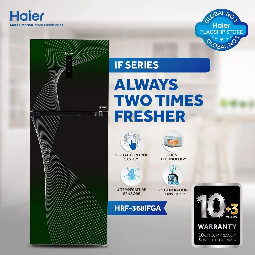 HAIER HRF-368 IFGA 13 Cft. Digital Inverter-Glass Door Refrigerator Green