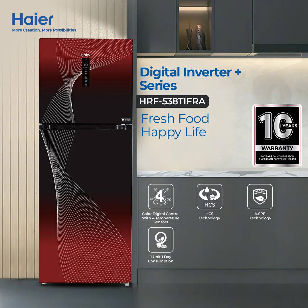 HAIER HRF-538 IFRA 19Cft Digital Inverter-Glass Door Refrigerator Red