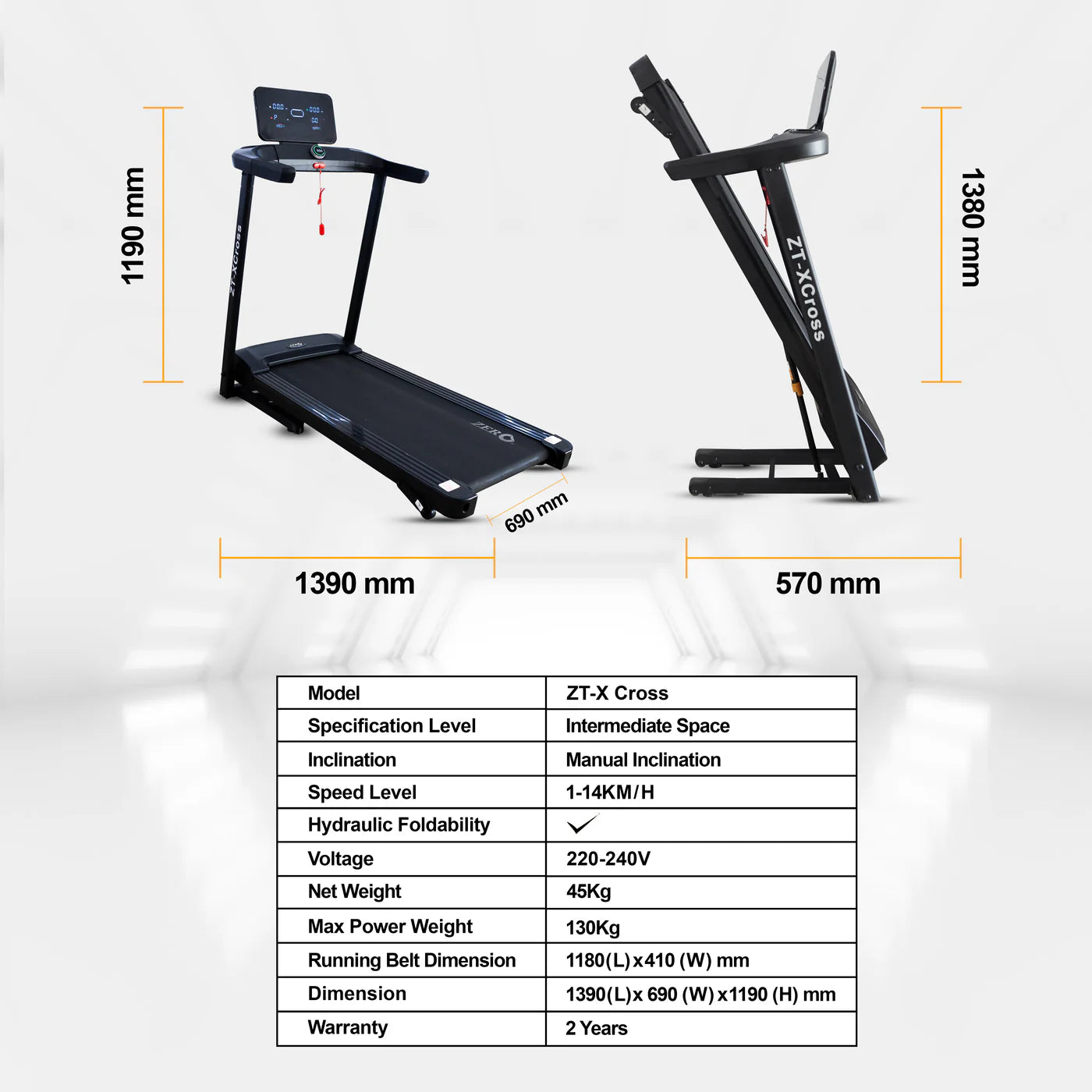 ZERO HEALTH CARE ZT-CROSS TREADMILL 1390 x 690 Electric, Max 130KG, LED Display Massage Gadget Black