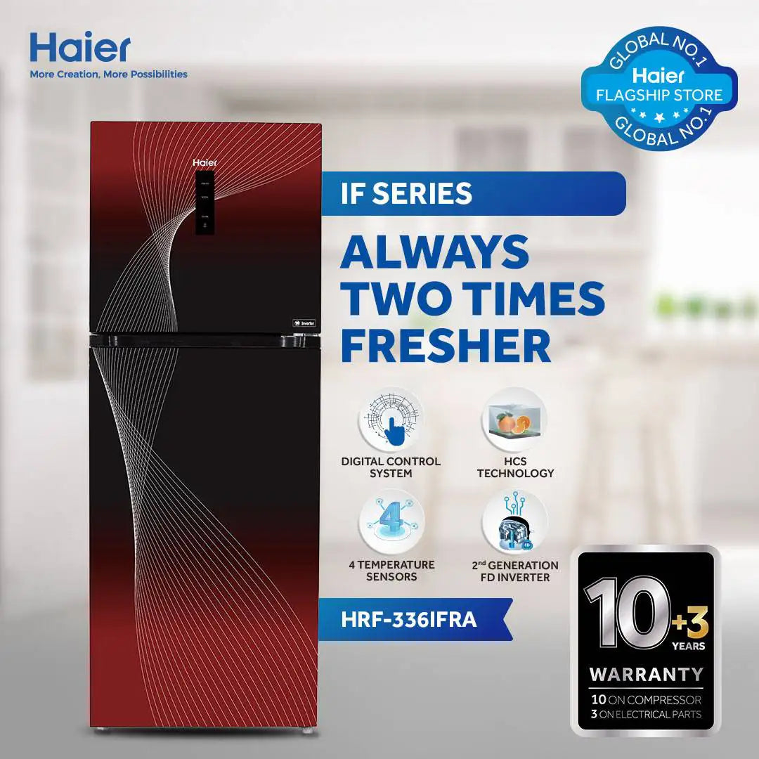 HAIER HRF-368 IFRA 13 Cft. Digital Inverter-Glass Door Refrigerator Red