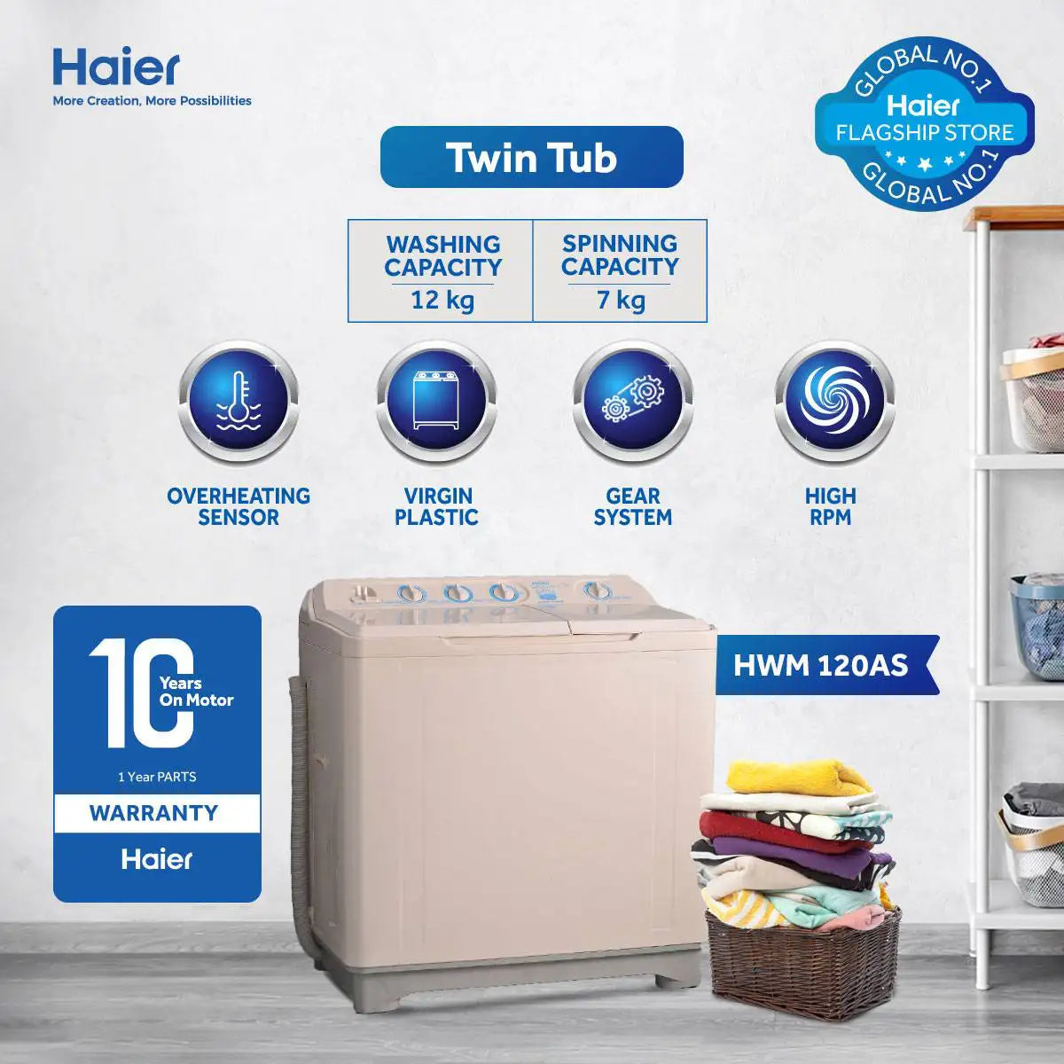 Haier HWM-120 AS WHITE - 12KG Twin Tub Semi Automatic Washing Machine