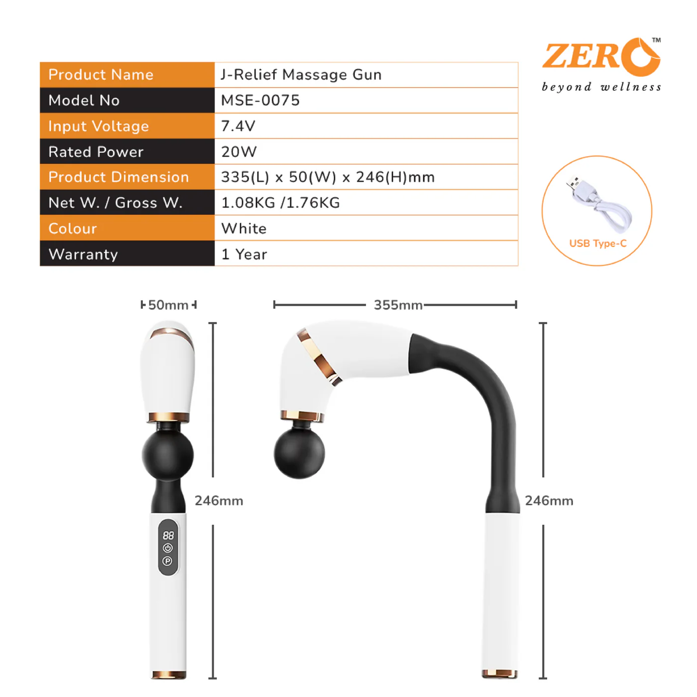 ZERO HEALTH CARE J-Relief Multi-mode, Multi-speed, Multi-head,Heat Therapy, Rechargeable Massage Gadget White
