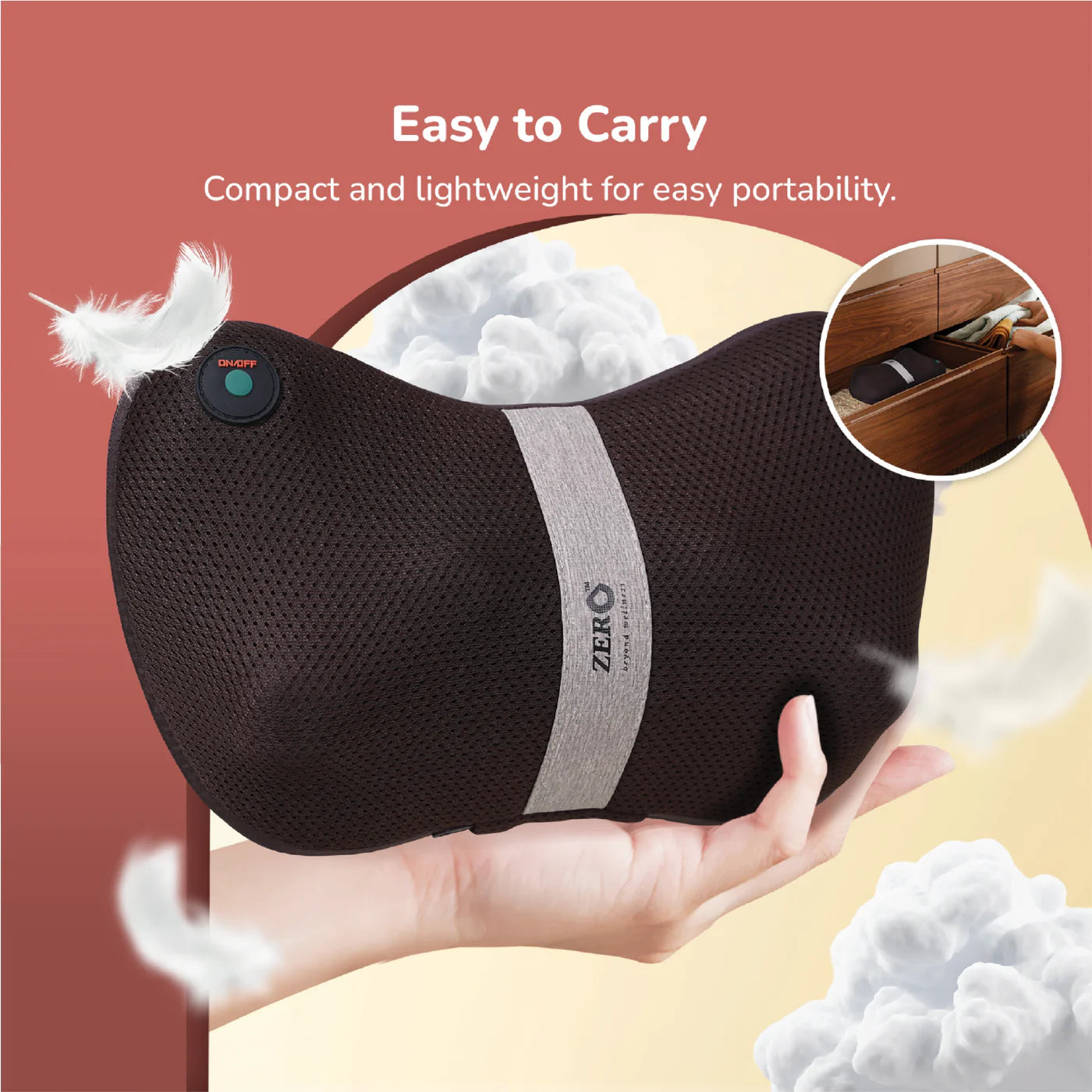 ZERO HEALTH CARE Mellow Shiatsu Massage Pillow Small All-In-one, Heat Function, Rechargeable Massage Gadget Black
