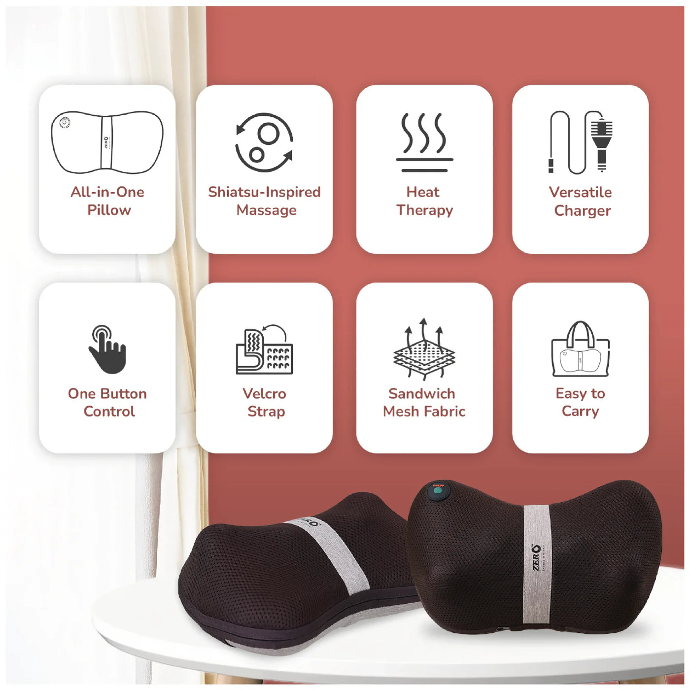 ZERO HEALTH CARE Mellow Shiatsu Massage Pillow Small All-In-one, Heat Function, Rechargeable Massage Gadget Black